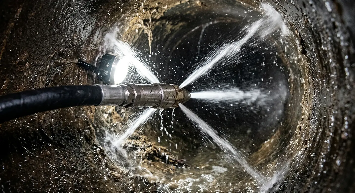 High-pressure hydro jetting nozzle cleaning sewer pipe for Sewer Cleanout in Chippewa