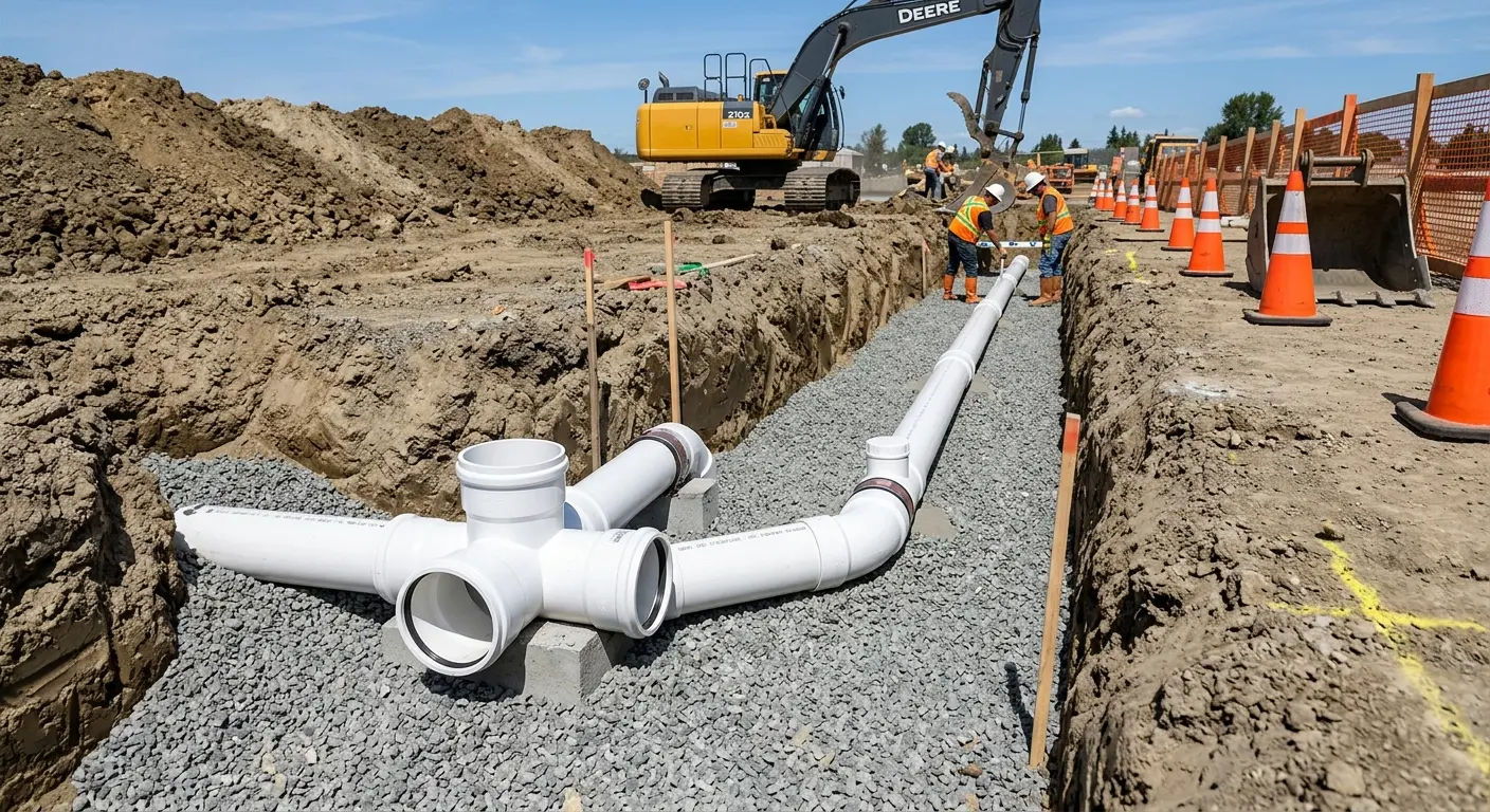 New PVC sewer pipe installation in open trench for Grease Trap Cleaning in Chippewa