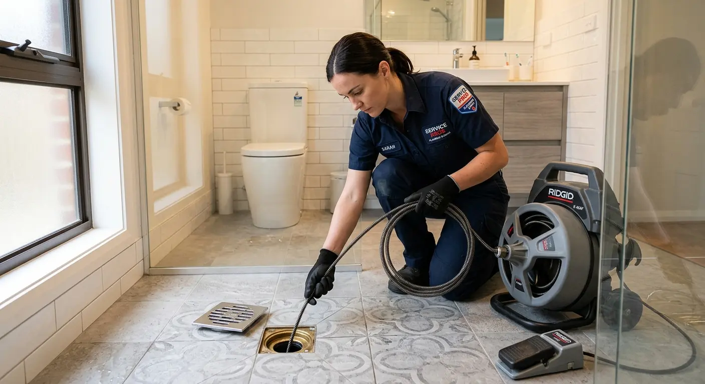 Technician clearing a bathroom floor drain for Sewer Line Replacement in Chippewa